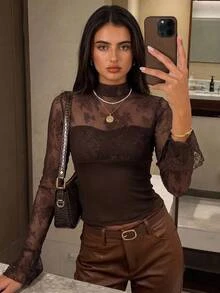 Aloruh Women's Autumn/Winter Lace Patchwork Flare Sleeve Top - Brown - View 6