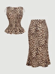 SHEIN MOD 女款豹紋百褶上衣與裙子休閒熱帶性感套裝，度假、海灘夜生活、夏季、波希米亞風、演唱會穿搭、音樂節、Y2K - 彩色 - 查看 3