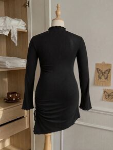 Comfortcana Solid Color Polyester Spandex Mesh Lined Double Layer Side Ruched Asymmetrical Hem Plus Size Dress - Black - View 2