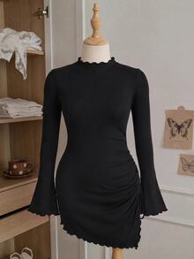 Comfortcana Solid Color Polyester Spandex Mesh Lined Double Layer Side Ruched Asymmetrical Hem Plus Size Dress - Black - View 5