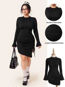 Comfortcana Solid Color Polyester Spandex Mesh Lined Double Layer Side Ruched Asymmetrical Hem Plus Size Dress - Black - View 13