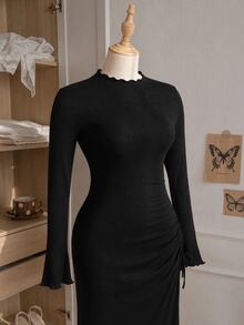 Comfortcana Solid Color Polyester Spandex Mesh Lined Double Layer Side Ruched Asymmetrical Hem Plus Size Dress - Black - View 6