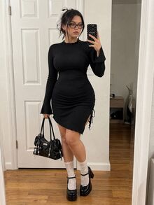Comfortcana Solid Color Polyester Spandex Mesh Lined Double Layer Side Ruched Asymmetrical Hem Plus Size Dress - Black - View 4