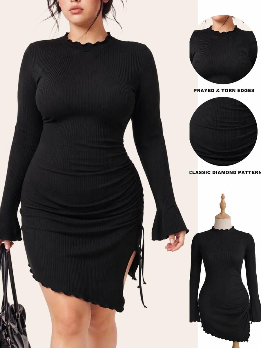Comfortcana Solid Color Polyester Spandex Mesh Lined Double Layer Side Ruched Asymmetrical Hem Plus Size Dress - Black - View 1