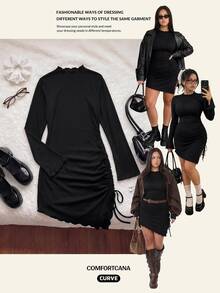 Comfortcana Solid Color Polyester Spandex Mesh Lined Double Layer Side Ruched Asymmetrical Hem Plus Size Dress - Black - View 11