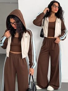 SHEIN 青少年女孩秋季套裝 3 件組，復古時尚棕色拼接，保暖燕麥色與藍色條紋，節日穿搭 - 彩色 - 查看 1