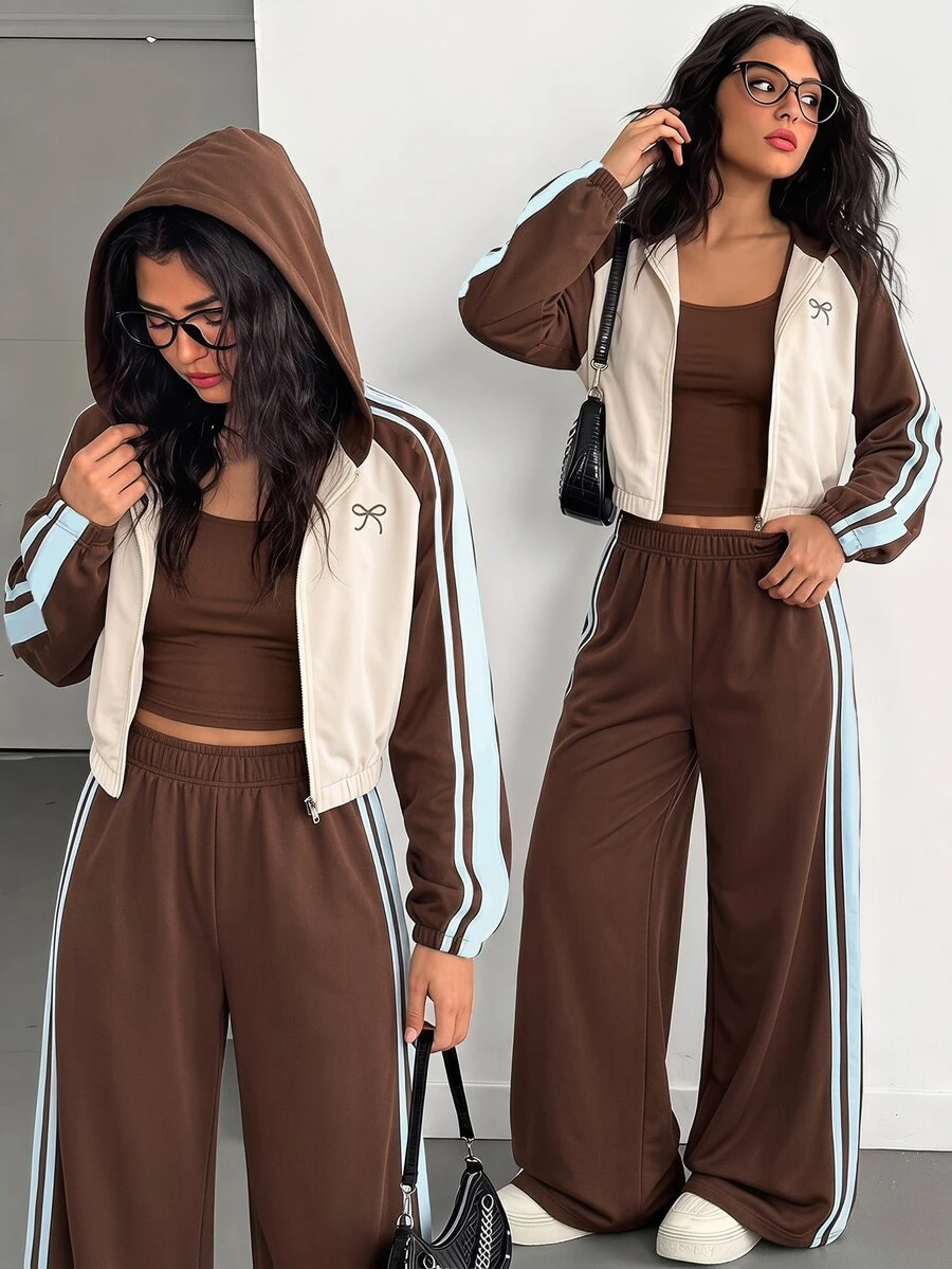SHEIN 青少年女孩秋季套裝 3 件組,復古時尚棕色拼接,保暖燕麥色與藍色條紋,節日穿搭 - 彩色 - 查看 1