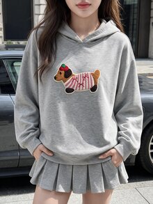 Comfortcana 女款臘腸狗圖案落肩長袖連帽衛衣，秋冬款，優雅休閒派對日常上學可愛上衣，灰色 - 淺灰色 - 查看 2