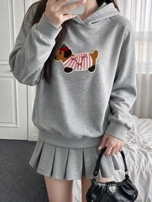 Comfortcana 女款臘腸狗圖案落肩長袖連帽衛衣，秋冬款，優雅休閒派對日常上學可愛上衣，灰色 - 淺灰色 - 查看 5