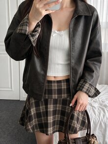 Comfortcana Jaket Kasual Longgar Wanita Kulit PU dengan Resleting Depan, Gaya Preppy, Cocok untuk Sehari-hari di Sekolah, Warna Cokelat Tua, dan Musim Gugur. - Putih - View 7