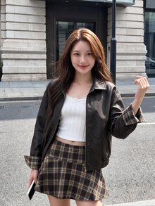 Comfortcana Jaket Kasual Longgar Wanita Kulit PU dengan Resleting Depan, Gaya Preppy, Cocok untuk Sehari-hari di Sekolah, Warna Cokelat Tua, dan Musim Gugur. - Putih - View 4