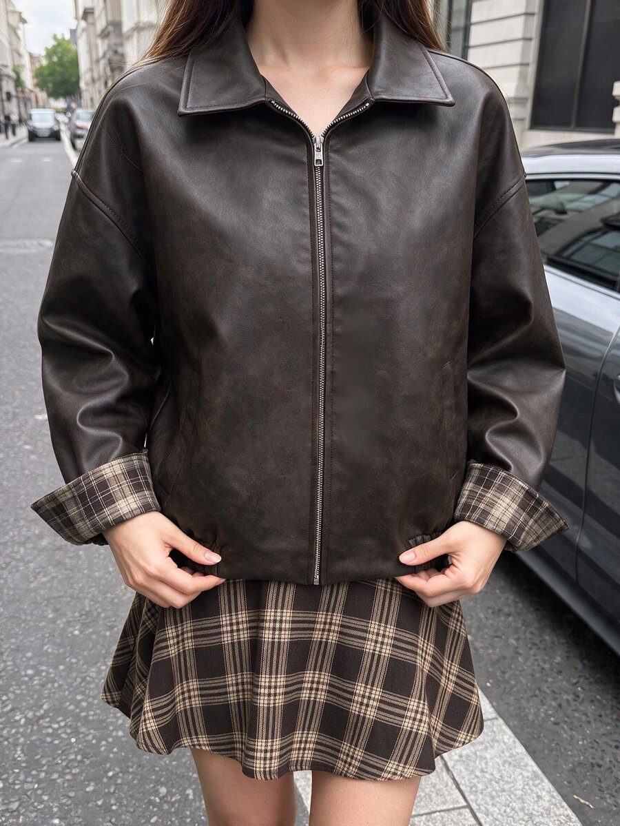 Comfortcana Jaket Kasual Longgar Wanita Kulit PU dengan Resleting Depan, Gaya Preppy, Cocok untuk Sehari-hari di Sekolah, Warna Cokelat Tua, dan Musim Gugur.