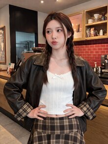 Comfortcana Jaket Kasual Longgar Wanita Kulit PU dengan Resleting Depan, Gaya Preppy, Cocok untuk Sehari-hari di Sekolah, Warna Cokelat Tua, dan Musim Gugur. - Putih - View 8