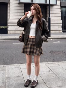 Comfortcana Jaket Kasual Longgar Wanita Kulit PU dengan Resleting Depan, Gaya Preppy, Cocok untuk Sehari-hari di Sekolah, Warna Cokelat Tua, dan Musim Gugur. - Putih - View 6