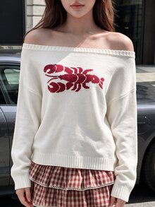 Comfortcana 女款龍蝦圖案露肩針織上衣，白色與紅色，秋季日常休閒可愛款 - 白色 - 查看 6