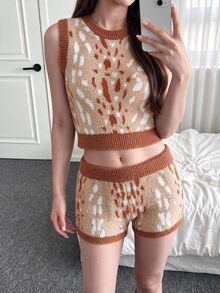 Comfortcana 女款對比飾邊滿版印花休閒可愛學院風百搭日常針織上衣 米色 夏季 校園風 - 彩色 - 查看 7
