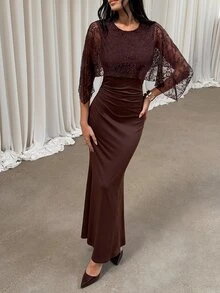 Aloruh Romantic Date Party Brown Lace Cape Bodycon Mermaid Dress For Women - Brown - View 5