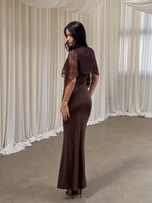 Aloruh Romantic Date Party Brown Lace Cape Bodycon Mermaid Dress For Women - Brown - View 8