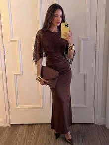 Aloruh Romantic Date Party Brown Lace Cape Bodycon Mermaid Dress For Women - Brown - View 2