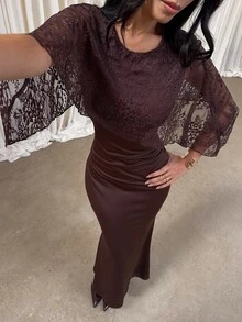 Aloruh Romantic Date Party Brown Lace Cape Bodycon Mermaid Dress For Women - Brown - View 6