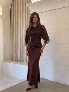 Aloruh Romantic Date Party Brown Lace Cape Bodycon Mermaid Dress For Women - Brown - View 1