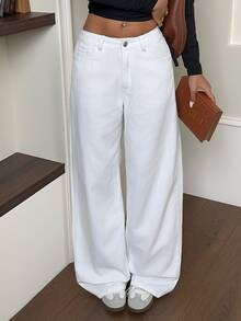 Rivivi Solid Slant Pocket Wide Leg Jeans - White - View 1