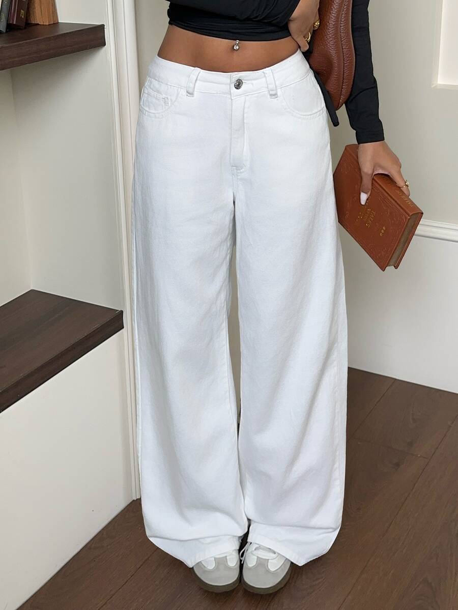 Rivivi Solid Slant Pocket Wide Leg Jeans - White - View 1
