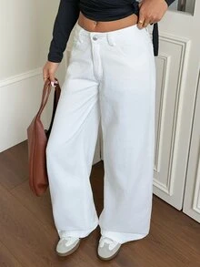 Rivivi Solid Slant Pocket Wide Leg Jeans - White - View 5