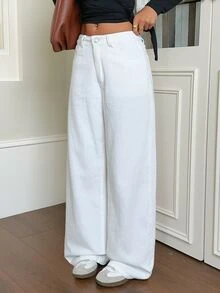 Rivivi Solid Slant Pocket Wide Leg Jeans - White - View 3