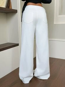 Rivivi Solid Slant Pocket Wide Leg Jeans - White - View 2