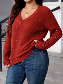 SHEIN Clasi Plus Size Autumn/Winter Casual Traditional Sequin Decorated Sweater Christmas Formal Vacation Red And White - Red - View 5