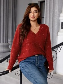 SHEIN Clasi Plus Size Autumn/Winter Casual Traditional Sequin Decorated Sweater Christmas Formal Vacation Red And White - Red - View 4