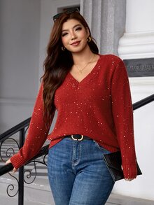 SHEIN Clasi Plus Size Autumn/Winter Casual Traditional Sequin Decorated Sweater Christmas Formal Vacation Red And White - Red - View 3