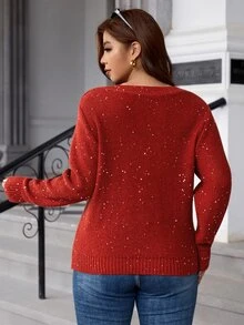 SHEIN Clasi Plus Size Autumn/Winter Casual Traditional Sequin Decorated Sweater Christmas Formal Vacation Red And White - Red - View 2