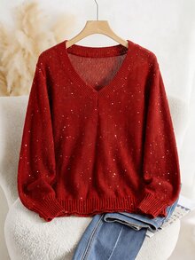SHEIN Clasi Plus Size Autumn/Winter Casual Traditional Sequin Decorated Sweater Christmas Formal Vacation Red And White - Red - View 7