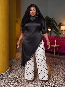 Veslaya Atasan Plus Model Leher Tinggi dengan Hem Asimetris - Hitam - View 8