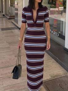 Lumalex Sommer Lässig Mode Retro Kontrastfarben gestreiftes Kurzarm Polokragen figurbetontes Strickkleid, Kaffeebraun Kontrastfarben gestreiftes Kleid, Lässiges Kleid, Mittellanges Kleid, geeignet für tägliche Ausflüge, Stadtleben, Pendeln, Arbeit, Büro, Geschäft, Lässige Treffen, Urlaubsbekleidung, Sommerkleid, Lässiges Urlaubskleid - Verschiedenfarbig - Übersicht 7