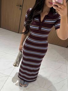 Lumalex Sommer Lässig Mode Retro Kontrastfarben gestreiftes Kurzarm Polokragen figurbetontes Strickkleid, Kaffeebraun Kontrastfarben gestreiftes Kleid, Lässiges Kleid, Mittellanges Kleid, geeignet für tägliche Ausflüge, Stadtleben, Pendeln, Arbeit, Büro, Geschäft, Lässige Treffen, Urlaubsbekleidung, Sommerkleid, Lässiges Urlaubskleid - Verschiedenfarbig - Übersicht 17