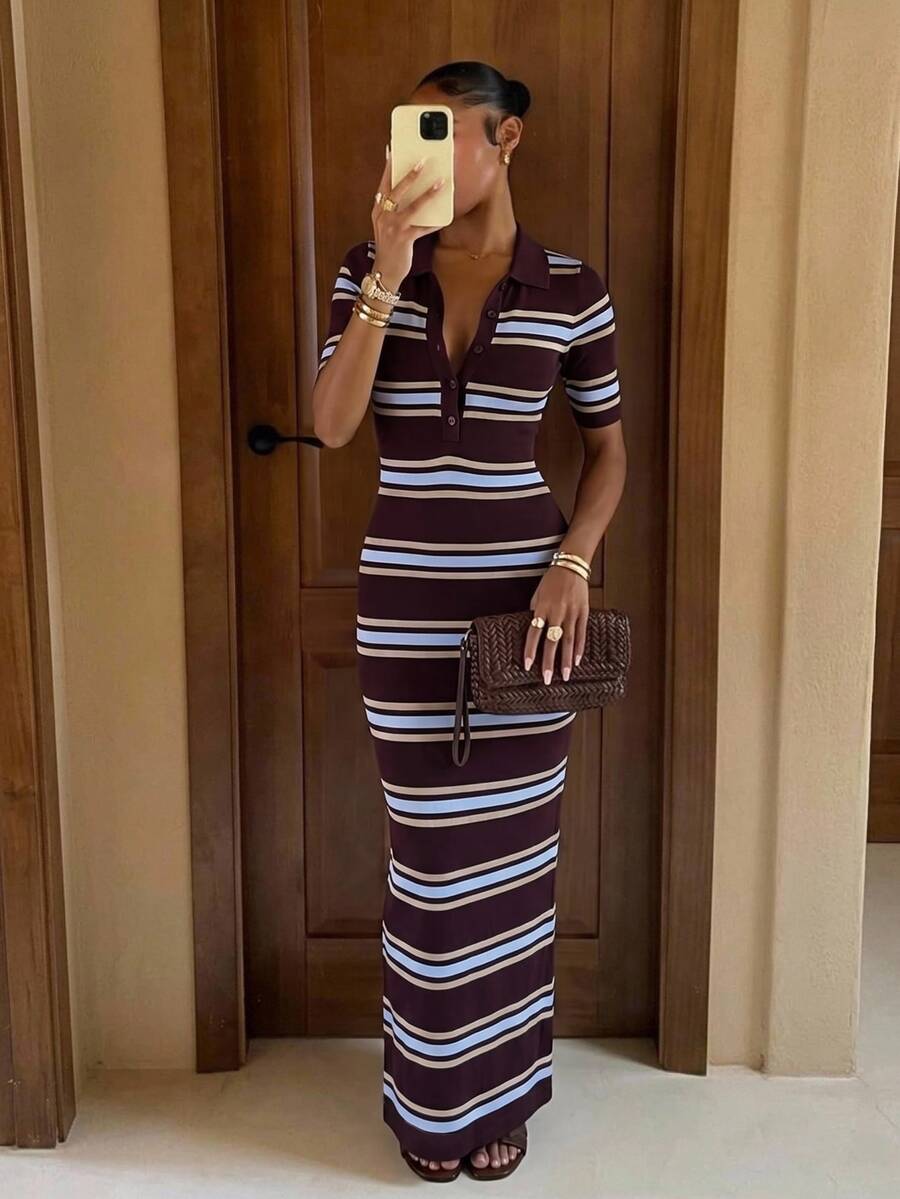 Lumalex Sommer Lässig Mode Retro Kontrastfarben gestreiftes Kurzarm Polokragen figurbetontes Strickkleid, Kaffeebraun Kontrastfarben gestreiftes Kleid, Lässiges Kleid, Mittellanges Kleid, geeignet für tägliche Ausflüge, Stadtleben, Pendeln, Arbeit, Büro, Geschäft, Lässige Treffen, Urlaubsbekleidung, Sommerkleid, Lässiges Urlaubskleid - Verschiedenfarbig - Übersicht 1