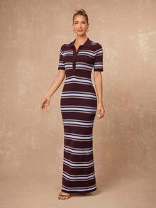 Lumalex Sommer Lässig Mode Retro Kontrastfarben gestreiftes Kurzarm Polokragen figurbetontes Strickkleid, Kaffeebraun Kontrastfarben gestreiftes Kleid, Lässiges Kleid, Mittellanges Kleid, geeignet für tägliche Ausflüge, Stadtleben, Pendeln, Arbeit, Büro, Geschäft, Lässige Treffen, Urlaubsbekleidung, Sommerkleid, Lässiges Urlaubskleid - Verschiedenfarbig - Übersicht 9