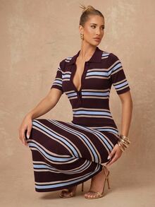 Lumalex Sommer Lässig Mode Retro Kontrastfarben gestreiftes Kurzarm Polokragen figurbetontes Strickkleid, Kaffeebraun Kontrastfarben gestreiftes Kleid, Lässiges Kleid, Mittellanges Kleid, geeignet für tägliche Ausflüge, Stadtleben, Pendeln, Arbeit, Büro, Geschäft, Lässige Treffen, Urlaubsbekleidung, Sommerkleid, Lässiges Urlaubskleid - Verschiedenfarbig - Übersicht 15
