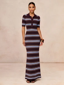 Lumalex Sommer Lässig Mode Retro Kontrastfarben gestreiftes Kurzarm Polokragen figurbetontes Strickkleid, Kaffeebraun Kontrastfarben gestreiftes Kleid, Lässiges Kleid, Mittellanges Kleid, geeignet für tägliche Ausflüge, Stadtleben, Pendeln, Arbeit, Büro, Geschäft, Lässige Treffen, Urlaubsbekleidung, Sommerkleid, Lässiges Urlaubskleid - Verschiedenfarbig - Übersicht 12