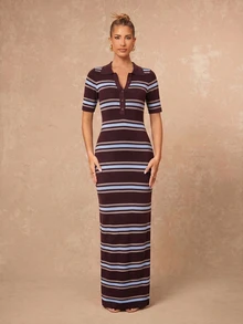 Lumalex Sommer Lässig Mode Retro Kontrastfarben gestreiftes Kurzarm Polokragen figurbetontes Strickkleid, Kaffeebraun Kontrastfarben gestreiftes Kleid, Lässiges Kleid, Mittellanges Kleid, geeignet für tägliche Ausflüge, Stadtleben, Pendeln, Arbeit, Büro, Geschäft, Lässige Treffen, Urlaubsbekleidung, Sommerkleid, Lässiges Urlaubskleid - Verschiedenfarbig - Übersicht 3