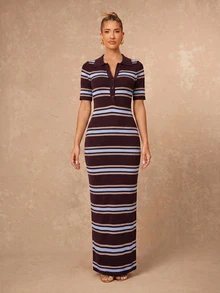 Lumalex Sommer Lässig Mode Retro Kontrastfarben gestreiftes Kurzarm Polokragen figurbetontes Strickkleid, Kaffeebraun Kontrastfarben gestreiftes Kleid, Lässiges Kleid, Mittellanges Kleid, geeignet für tägliche Ausflüge, Stadtleben, Pendeln, Arbeit, Büro, Geschäft, Lässige Treffen, Urlaubsbekleidung, Sommerkleid, Lässiges Urlaubskleid - Verschiedenfarbig - Übersicht 13