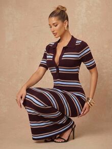 Lumalex Sommer Lässig Mode Retro Kontrastfarben gestreiftes Kurzarm Polokragen figurbetontes Strickkleid, Kaffeebraun Kontrastfarben gestreiftes Kleid, Lässiges Kleid, Mittellanges Kleid, geeignet für tägliche Ausflüge, Stadtleben, Pendeln, Arbeit, Büro, Geschäft, Lässige Treffen, Urlaubsbekleidung, Sommerkleid, Lässiges Urlaubskleid - Verschiedenfarbig - Übersicht 14