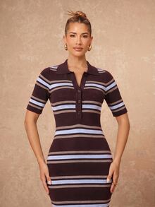 Lumalex Sommer Lässig Mode Retro Kontrastfarben gestreiftes Kurzarm Polokragen figurbetontes Strickkleid, Kaffeebraun Kontrastfarben gestreiftes Kleid, Lässiges Kleid, Mittellanges Kleid, geeignet für tägliche Ausflüge, Stadtleben, Pendeln, Arbeit, Büro, Geschäft, Lässige Treffen, Urlaubsbekleidung, Sommerkleid, Lässiges Urlaubskleid - Verschiedenfarbig - Übersicht 10