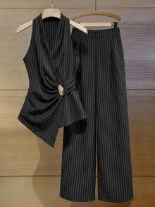 Trelyra 女款黑白條紋金屬裝飾百褶上衣與長褲套裝，休閒商務優雅日常穿搭，適合早午餐、工作、辦公室、夏季 - 彩色 - 查看 4