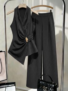 Trelyra 女款黑白條紋金屬裝飾百褶上衣與長褲套裝，休閒商務優雅日常穿搭，適合早午餐、工作、辦公室、夏季 - 彩色 - 查看 8