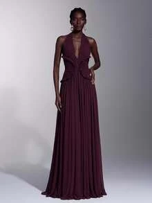 Elitara Elegant Burgundy Mesh Halter Deep V Neck Ruched Pleated A-Line Floor Length Evening Gown Gala Dinner Dress Women Fall Graduation New Year Christmas - Dark Purple - View 8