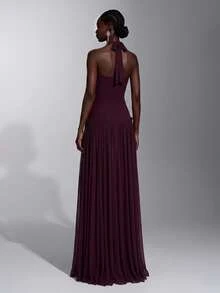 Elitara Elegant Burgundy Mesh Halter Deep V Neck Ruched Pleated A-Line Floor Length Evening Gown Gala Dinner Dress Women Fall Graduation New Year Christmas - Dark Purple - View 4